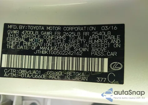 2016 Lexus Es 350 z USA, uszkodzony, nr VIN JTHBK1GG5G2242162